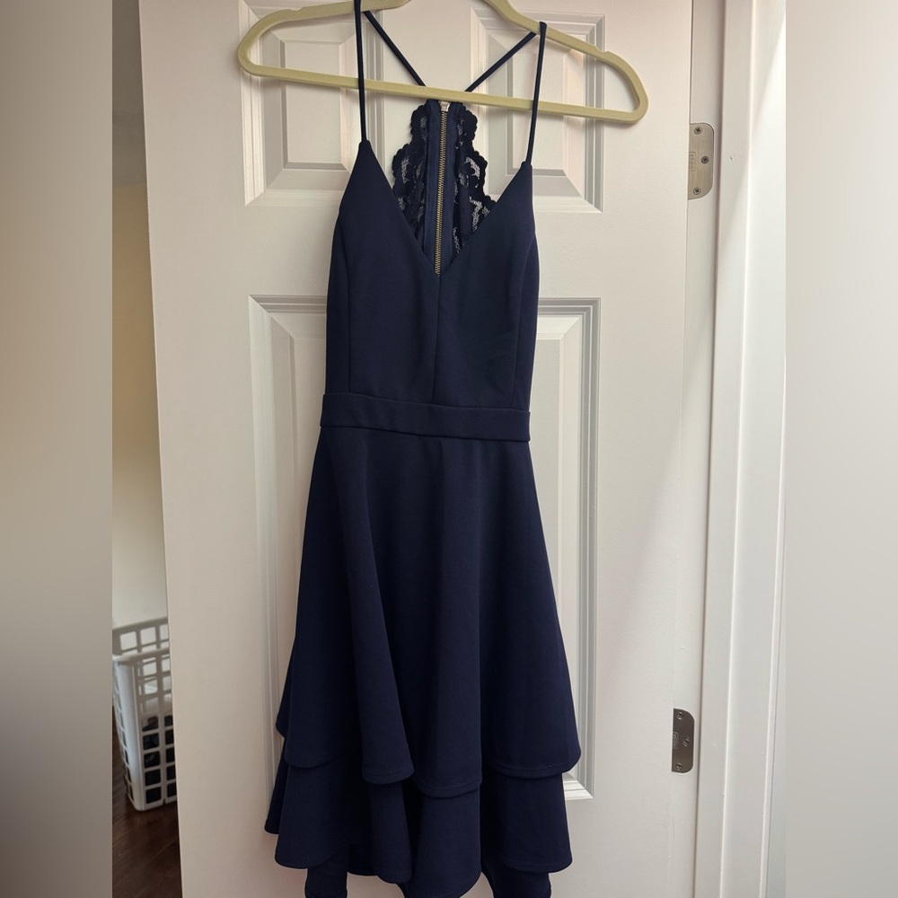 Formal Navy Blue Dress with Lace Detail